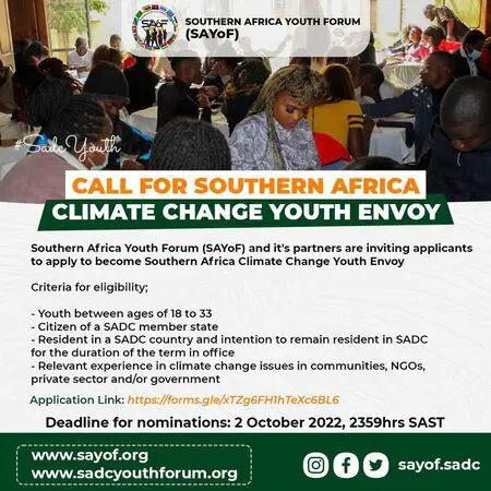 PICTURE OF CALL FOR APPLICATION SAYoF SOUTHERN AFRICA CLIMATE CHANGE YOUTH ENVOY
